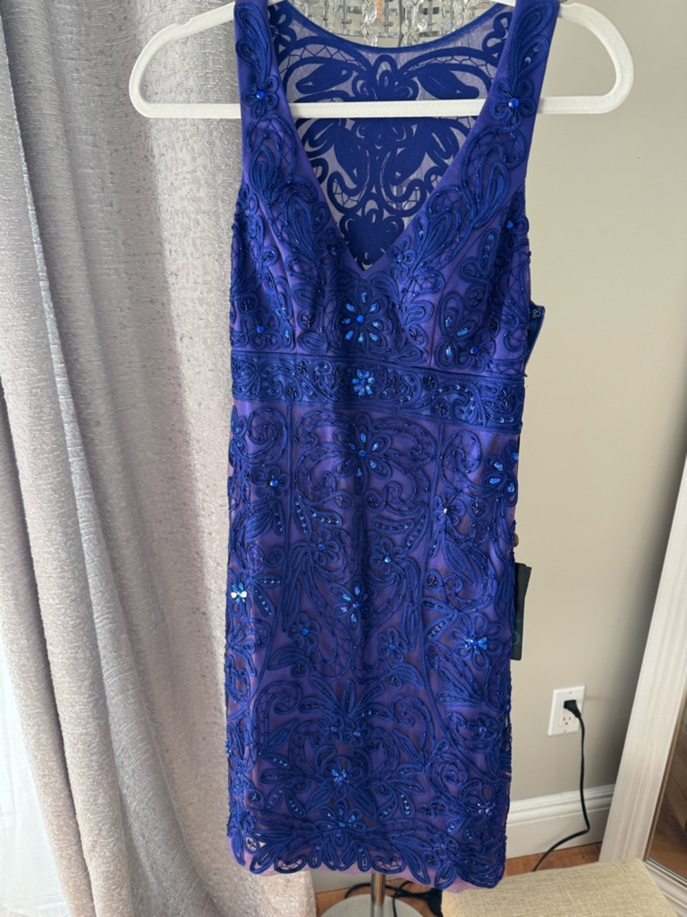 Sue Wong Cobalt Blue Beaded Lace Midi Dress